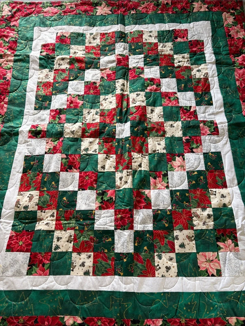 Handmade Holiday Patchwork Quilt - Red, Green, Cream